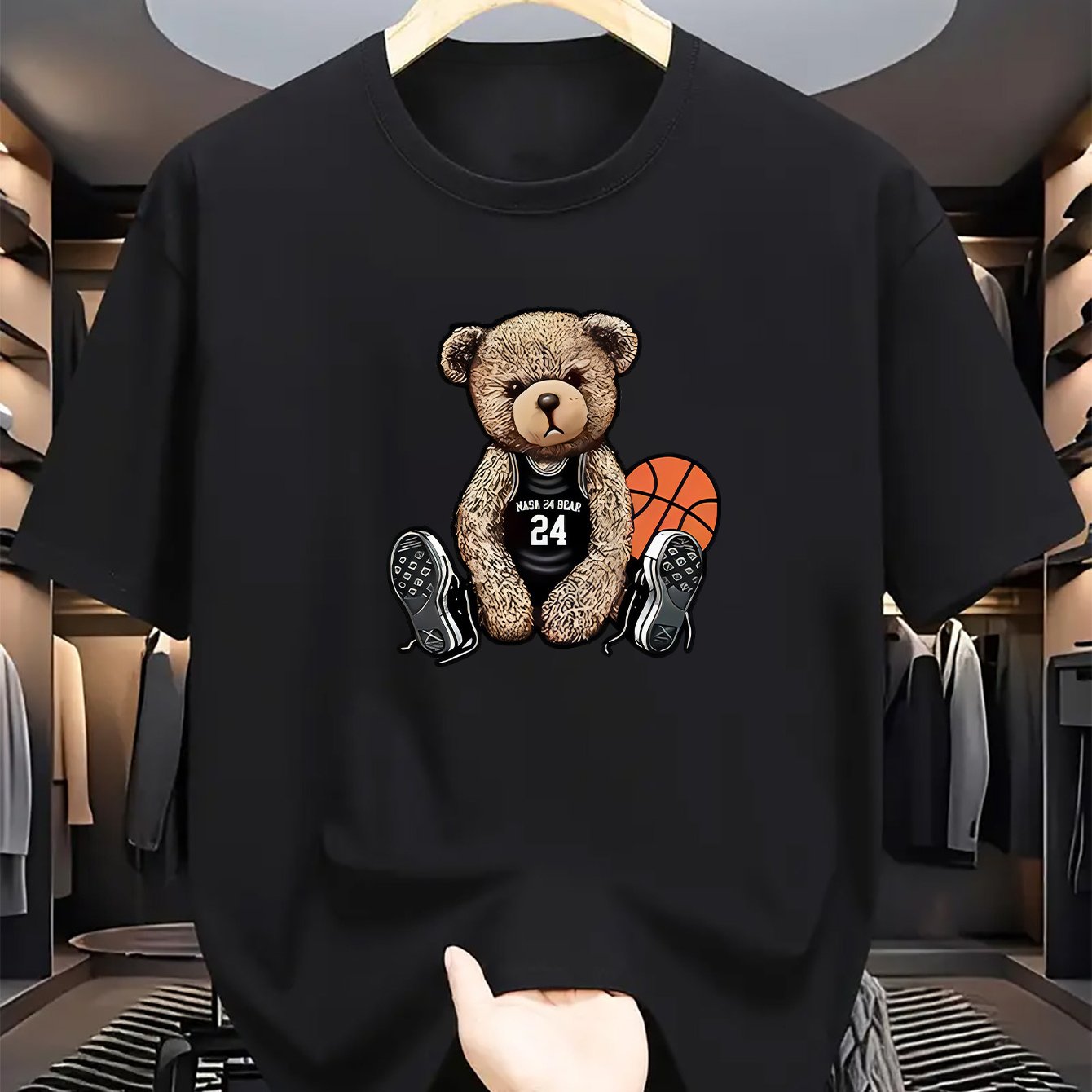 Camiseta de manga corta de verano para hombre, de poliéster con estampado de oso y cuello redondo casual