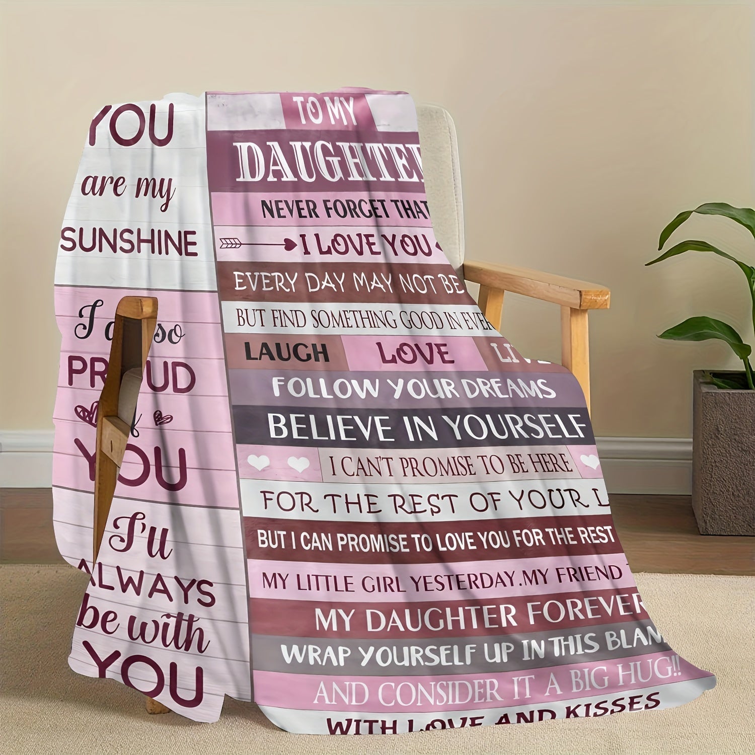 All-Season Flannel Throw Blanket with Lodge Style Design and Inspirational Message for Daughters