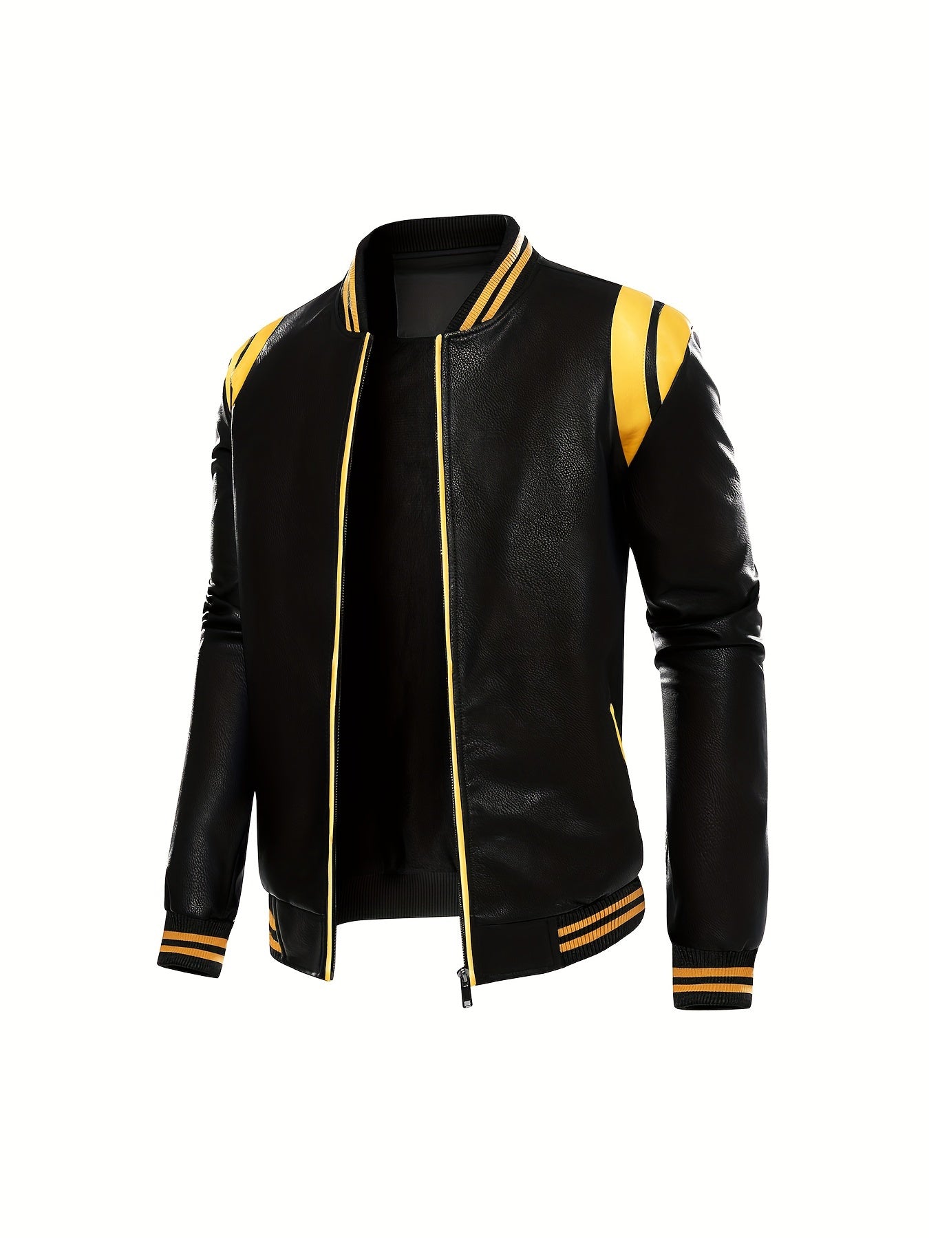 Erkaklar uchun sun'iy charm kurtka, klassik dizayn, retro uslubidagi fermuarli, turli xil yenglar, chiziqli aksentlar va har kuni kiyish uchun mashinada yuviladigan polyester aralashmasi.