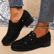 Women's Sequin Nurse Loafers Black Fabric Slip-On Flats with Bow