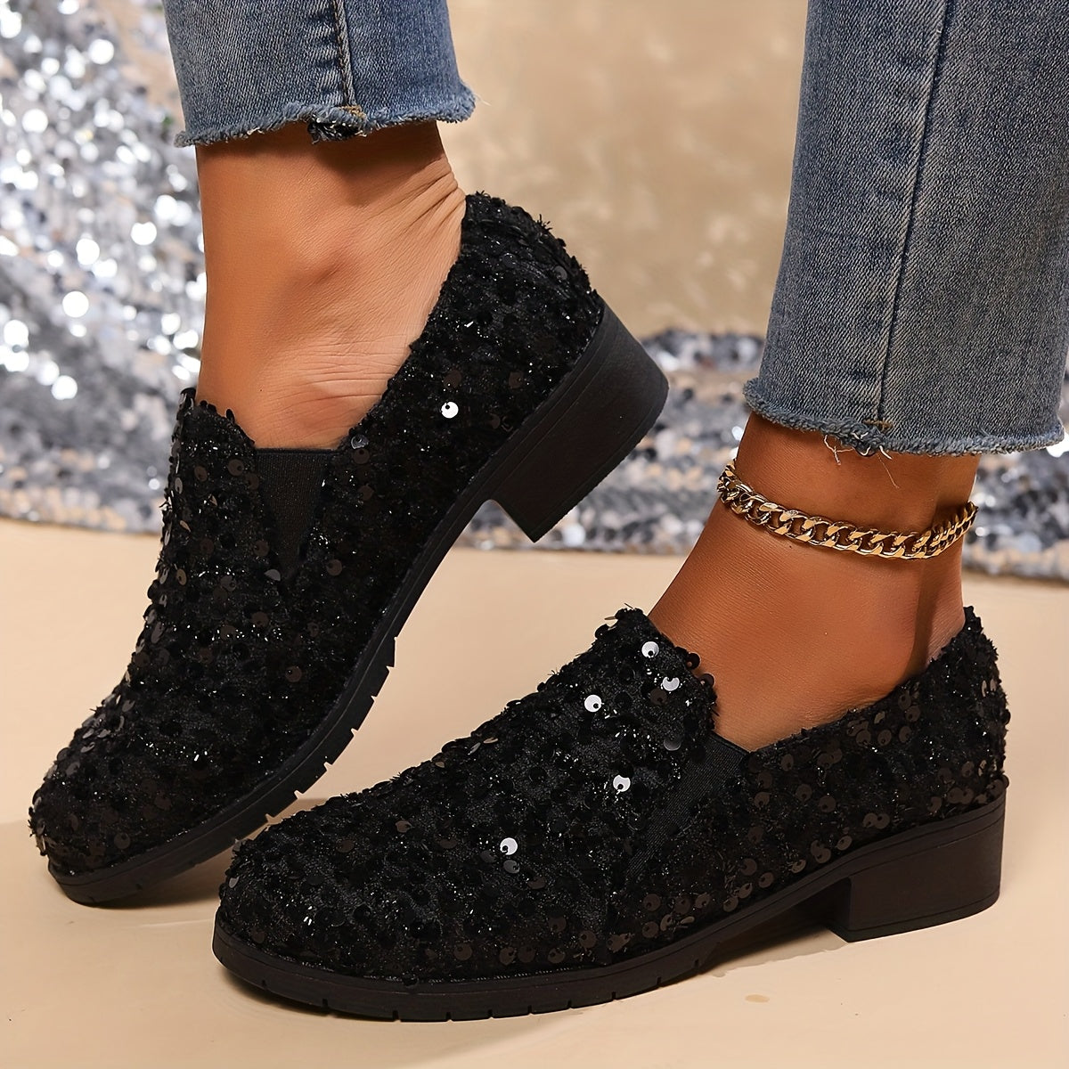 Women's Sequin Nurse Loafers Black Fabric Slip-On Flats with Bow