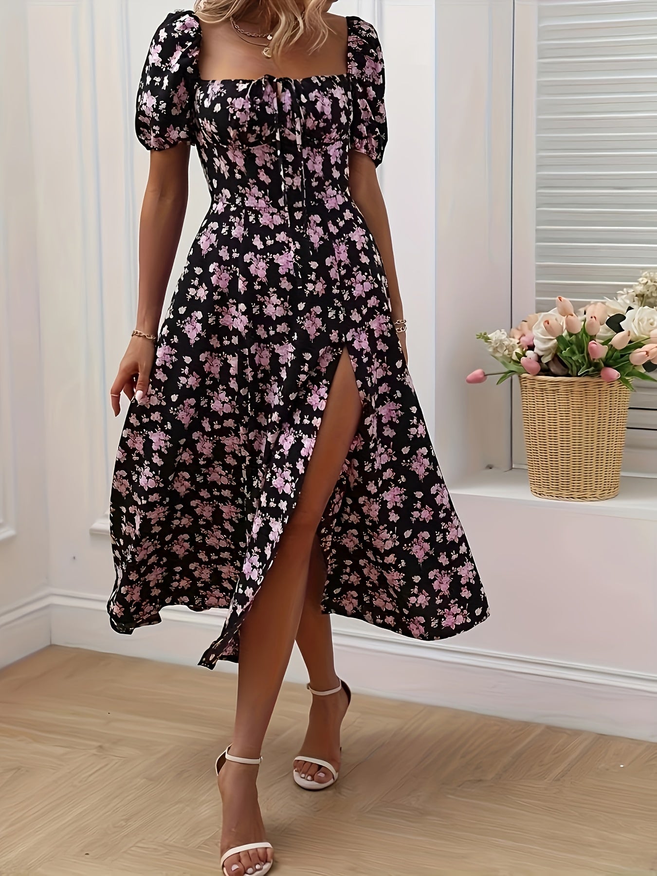 Women's Floral Print Puff Sleeve Dress with Split Hem for Summer