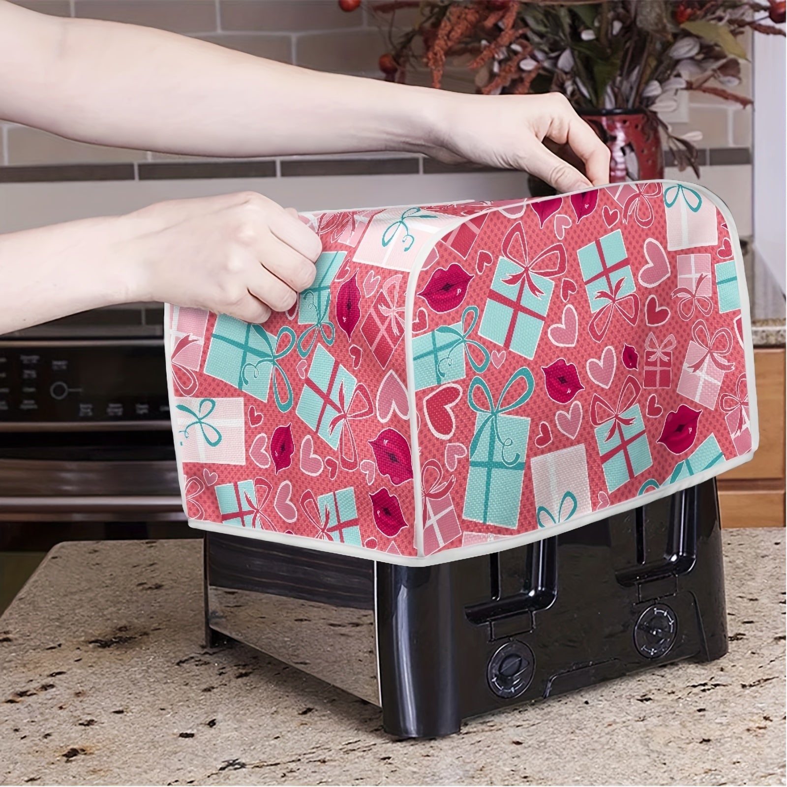 Festive Toaster Cover Polyester Dust Protector with Holiday Gnome Hearts Easter Eggs