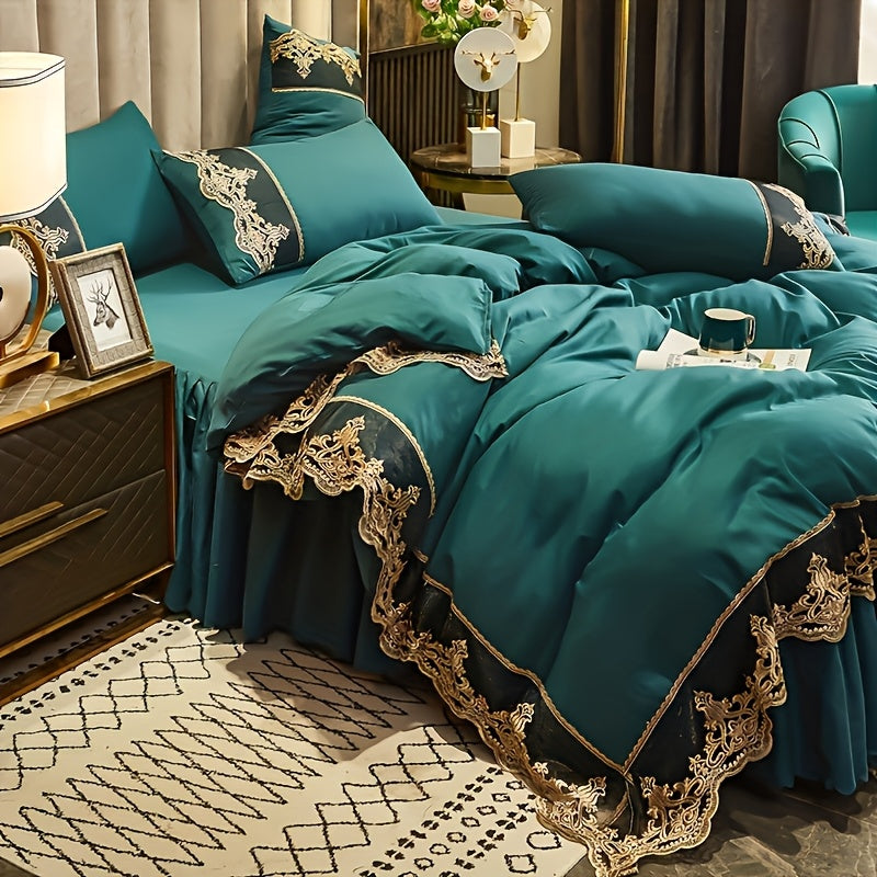 Green Lace Bedding Set with Quilt Cover and Pillowcases Solid Color All-Season Polyester