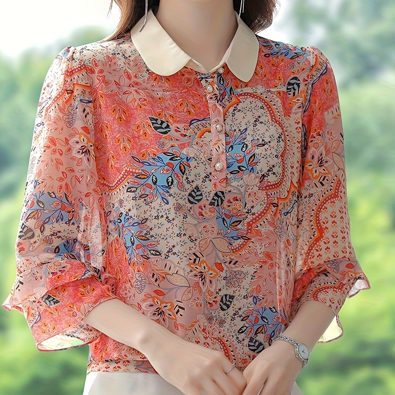 Блузка большого размера с цветочным принтом, элегантный воротник, многослойный топ с рукавами 3/4