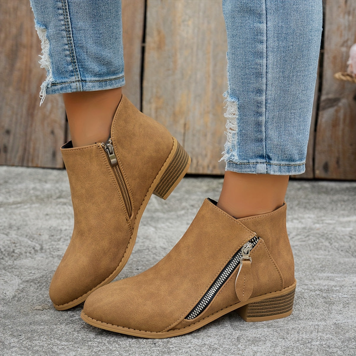 Women's Solid Color Ankle Boots With Thick Sole Wedge Back Zipper