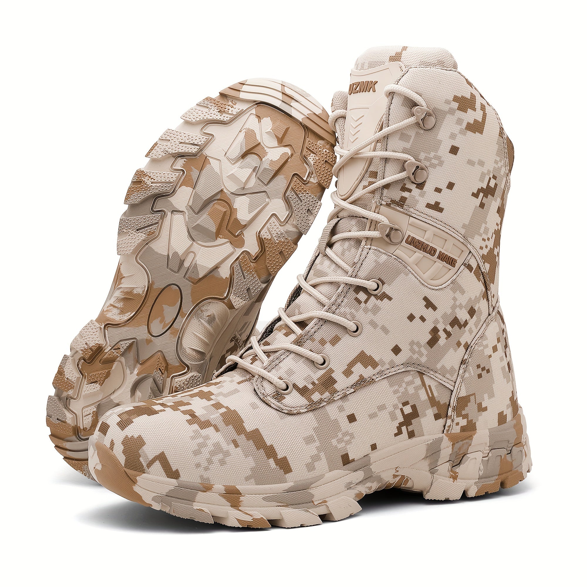 UNZHUO Erkaklar uchun Yuqori Topli Kamuflyaj Sayohat Botinkalari, Zipper Yopilishi, Nylon Yuqori, Gumiy Taglik, Sirpanmaydigan EVA Ichki Taglik, Chiziqli Naqsh, Har Mavsumga Mos Tashqi Poyabzal.