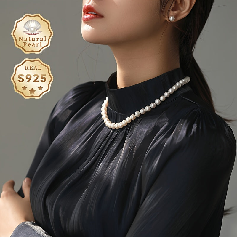 Freshwater Pearl Necklace 8-9mm S925 Silver Ingot Buckle June Birthstone Gift for Women