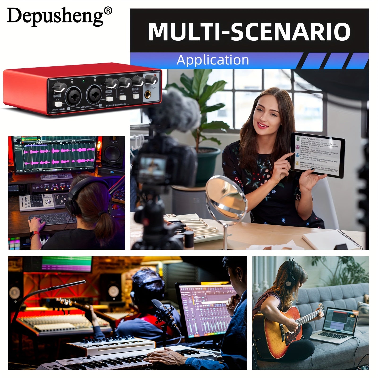 USB Audio Interface for Recording Streaming Podcasting 24Bit 96kHz XLR Phantom Power Red