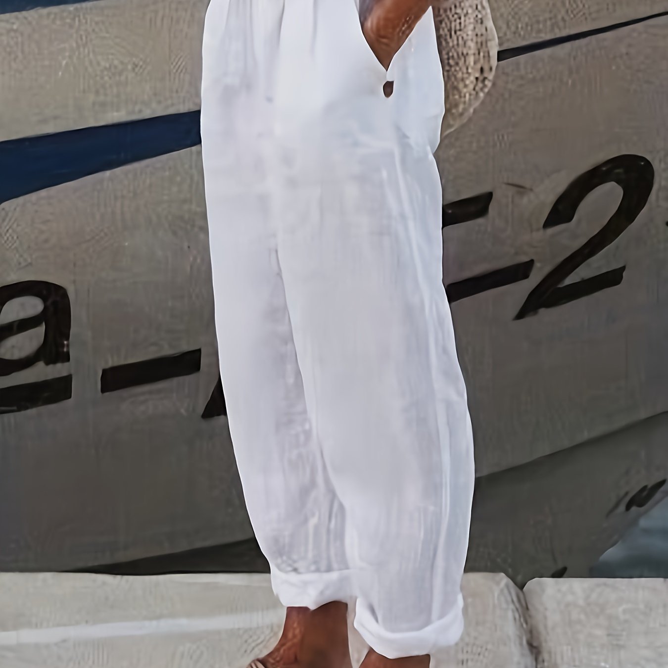 Plus Size Women's Polyester Straight Pants with Slant Pockets for Spring and Summer