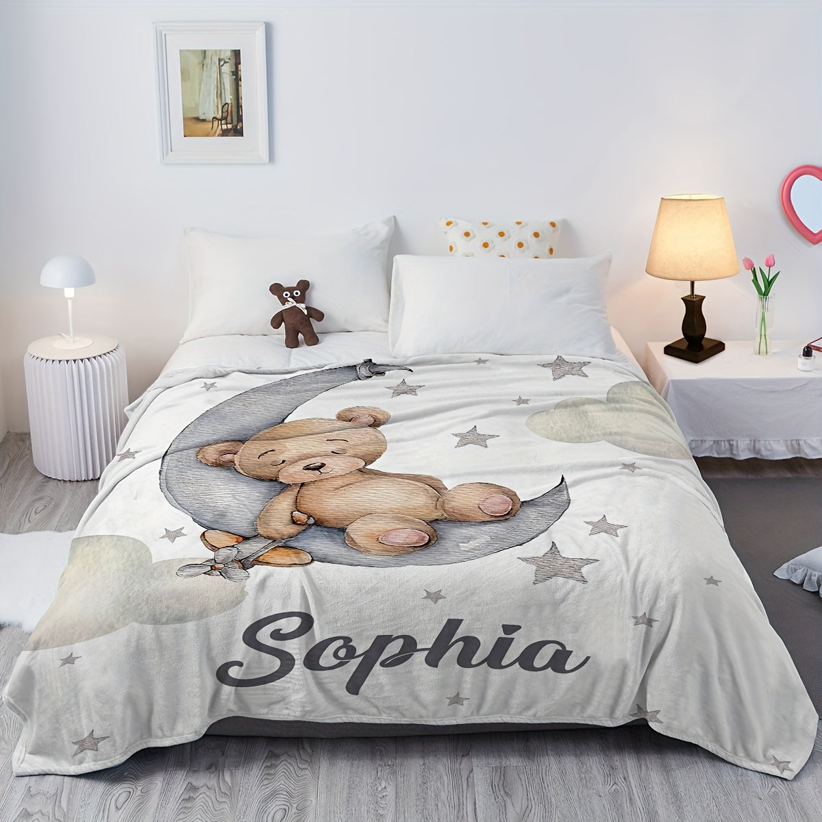 Customizable Teddy Bear Moon Blanket Personalized Name Lightweight Flannel Sofa Bed Travel