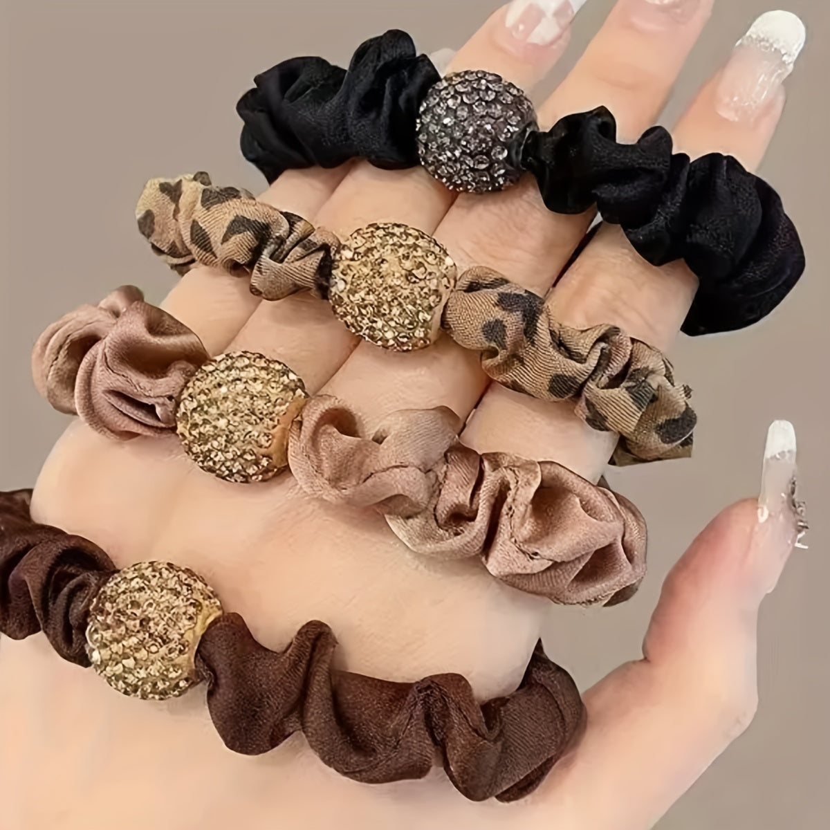 Set of 4 Rhinestone Hair Ties with Leopard and Solid Color Designs for Adults