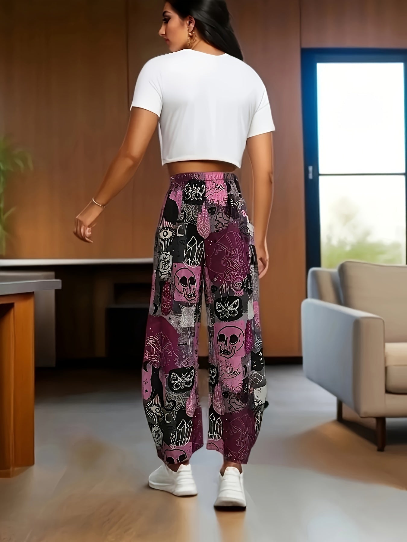 Plus Size Women's Loose Fit Cartoon Print Wide-Leg Pants Black Pink Skull Floral Casual Trousers