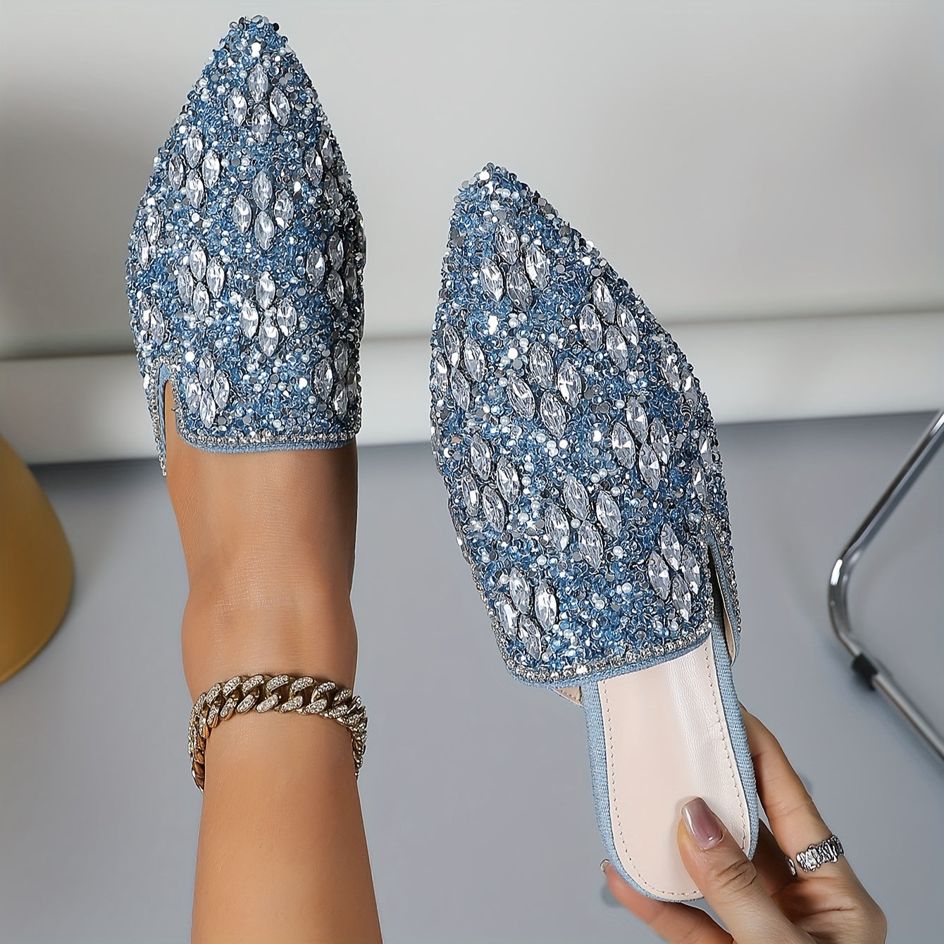 Women's Rhinestone Loafers with Fabric Upper Non-Slip Rubber Sole Flat Heel