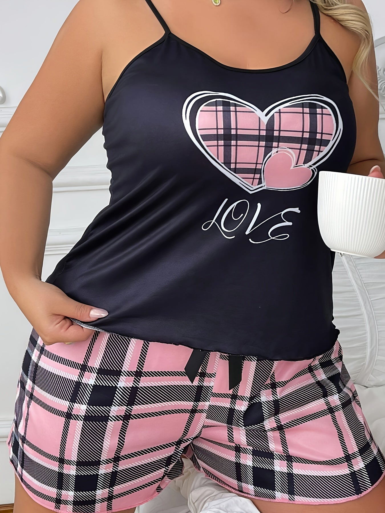 Women's Plus Size Lounge Pajama Set Plaid Heart & Letter Print Cami & Shorts