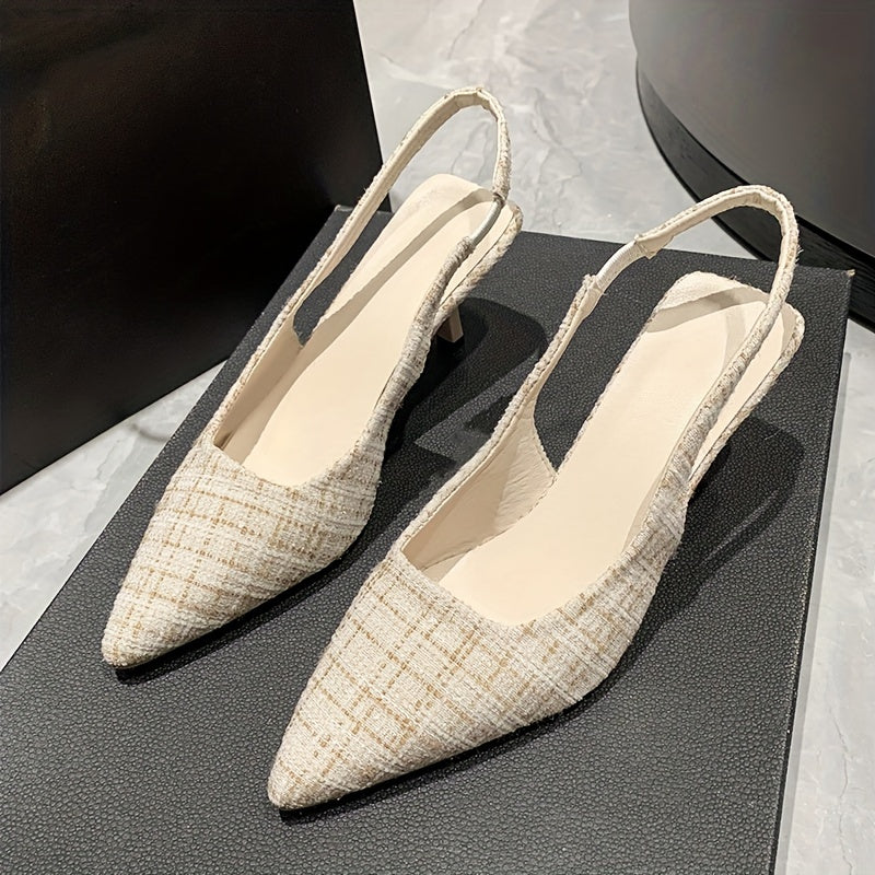 Элегантные сандалии на среднем каблуке-стилето с цветным блоком в клетку, покрытием из ПУ и резиновой подошвой.