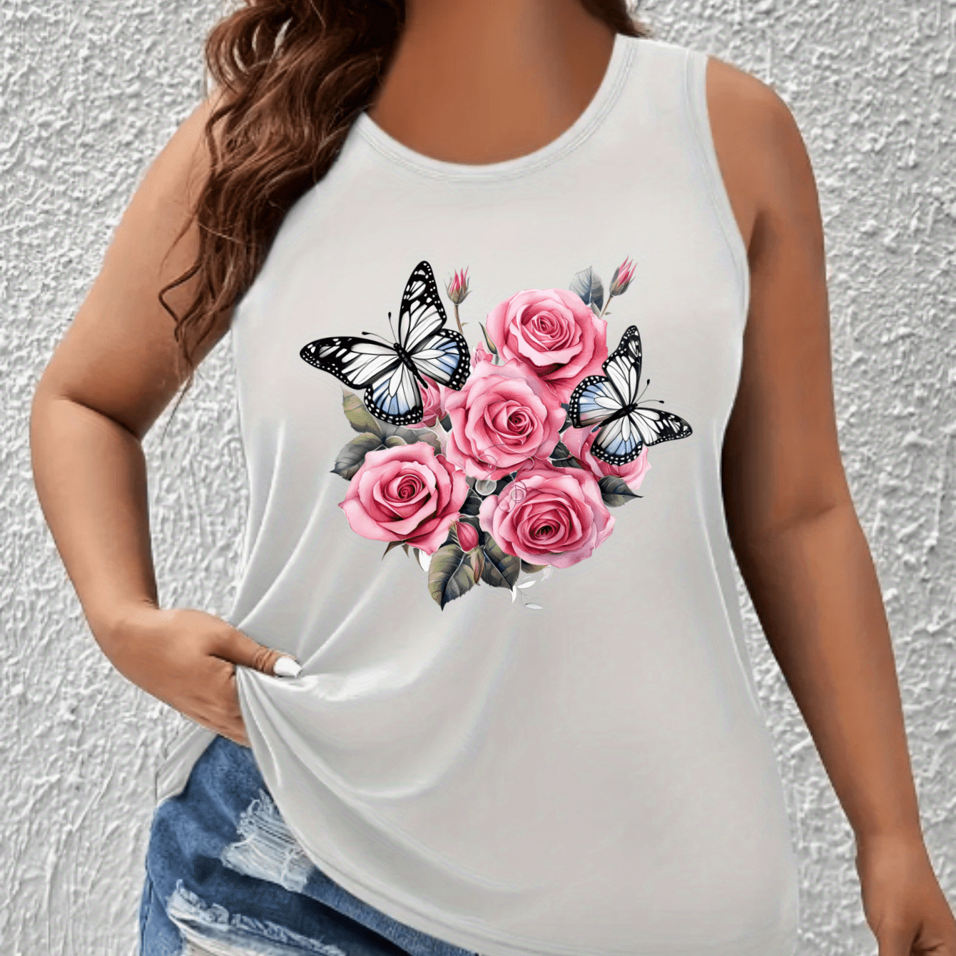 Top sin mangas de verano casual para mujer talla grande con estampado de mariposas y flores