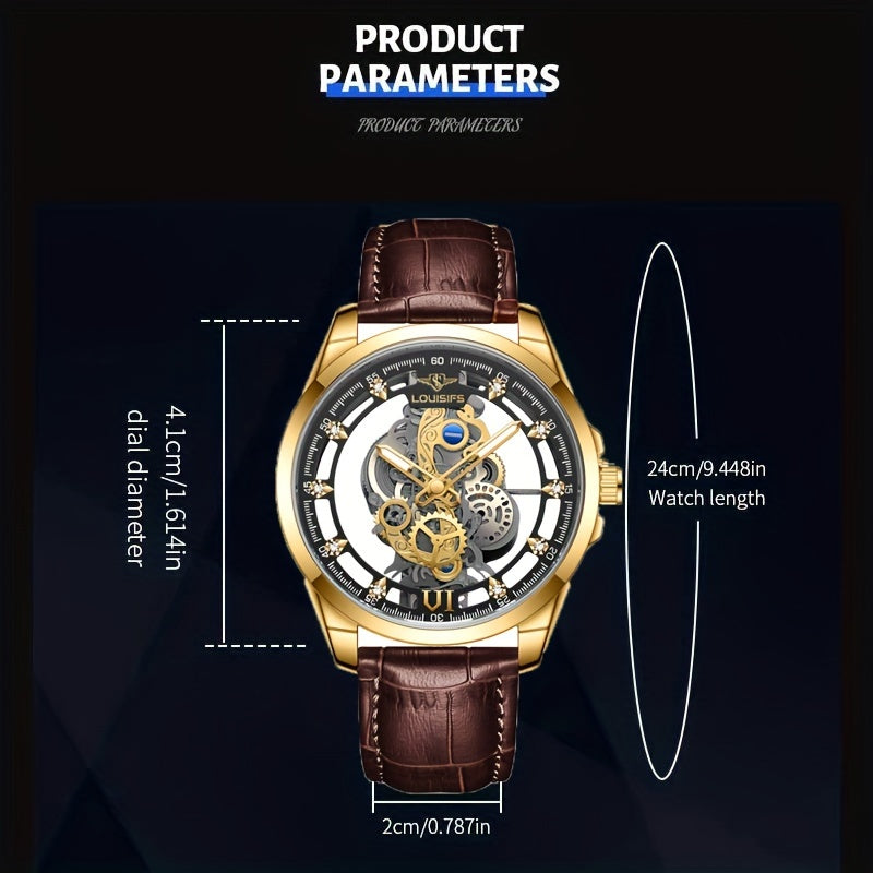 Men's Transparent Double-Sided Hollow Design Quartz Watch with Luminous Hands and PU Leather Strap