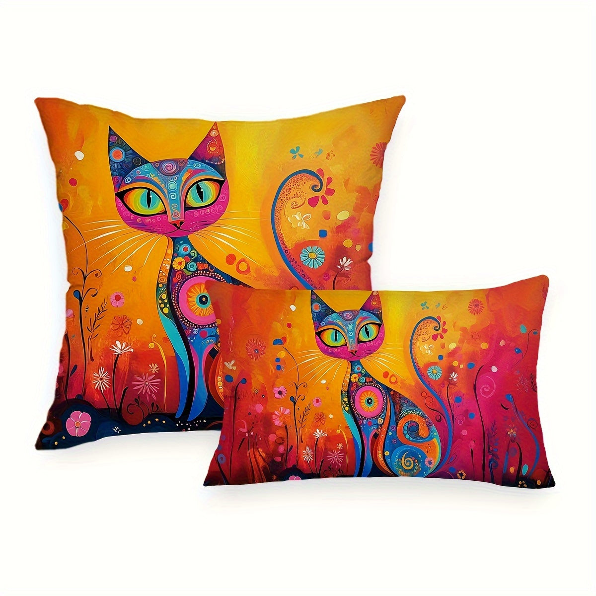 Black Cat Folk Art Throw Pillow Cover Sun Flowers 29.97x50.04cm or 44.96cm Square