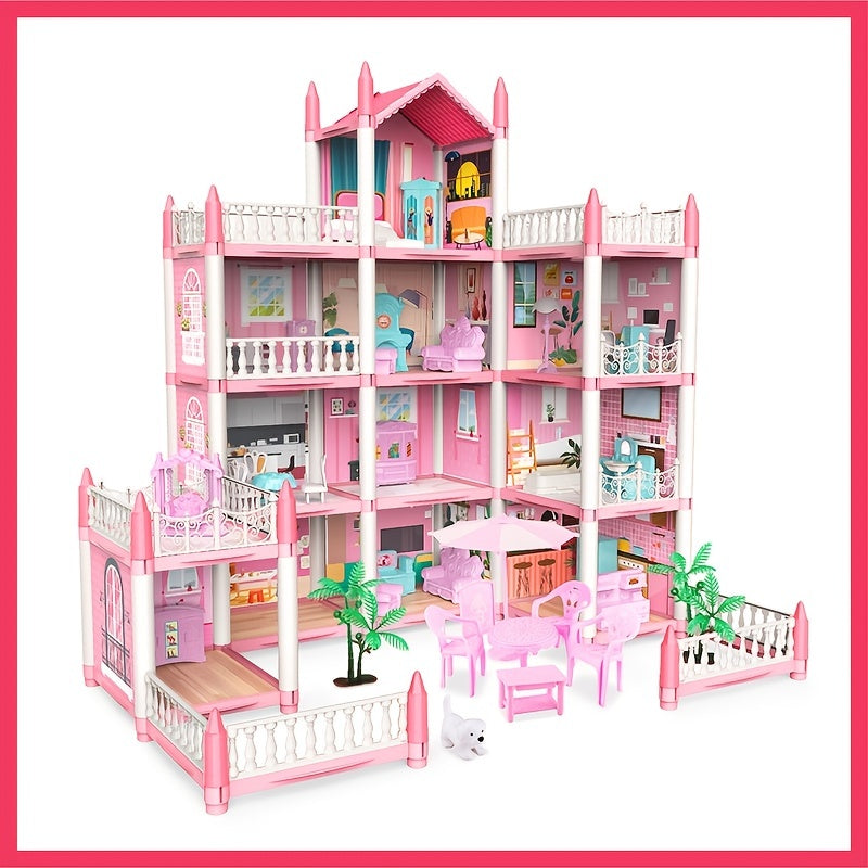 Pink Dollhouse Set for Girls Aged 5-9 with 11 Rooms and Furniture Accessories