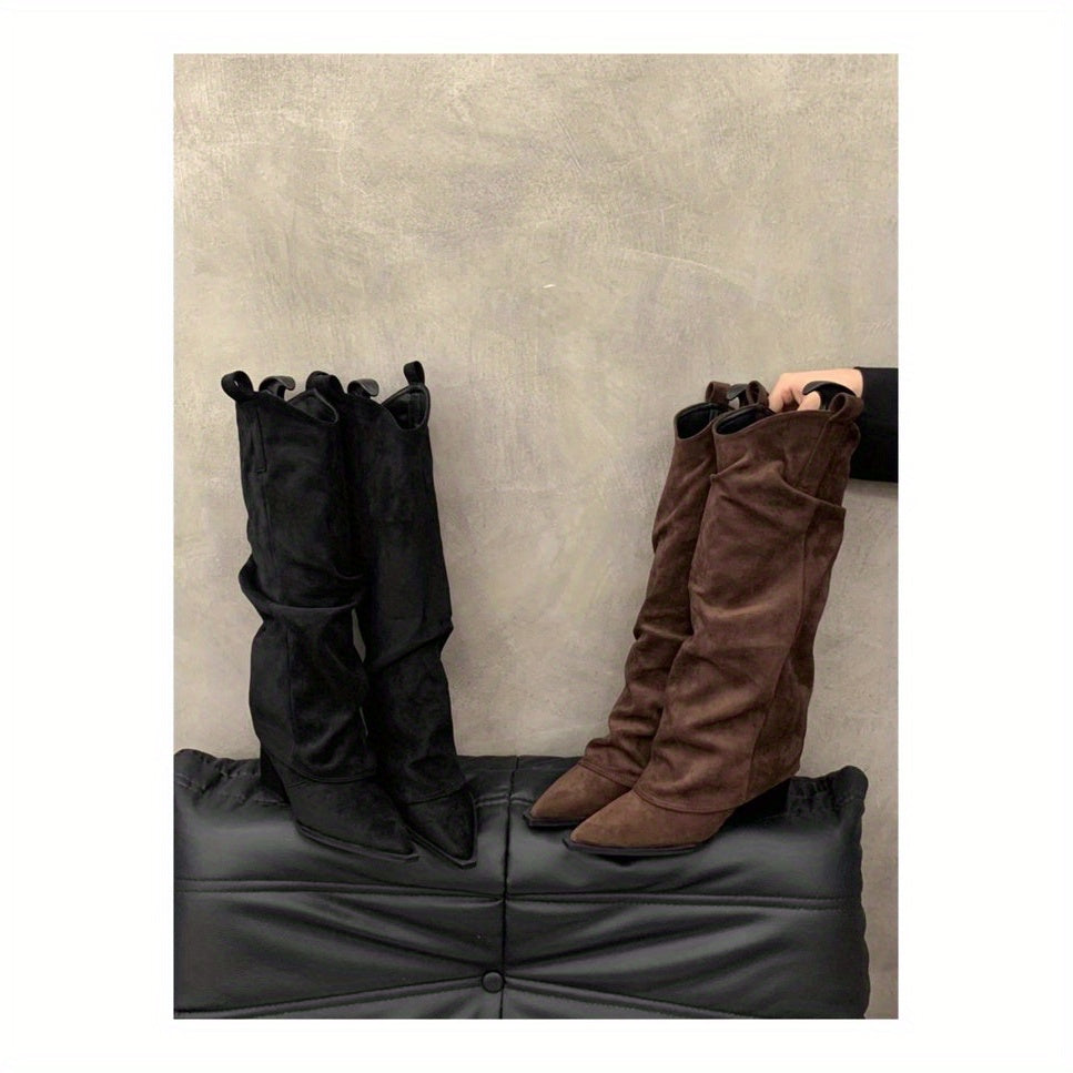 Women’s Faux Leather Chunky Heel Ankle Boots Brown Pointed Toe All-Season