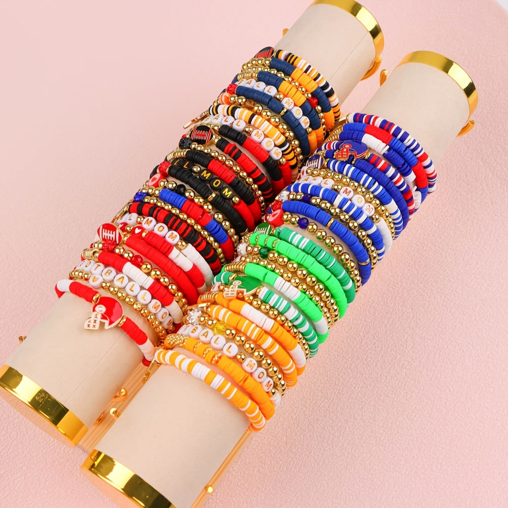 15 ta modali sport rugby mavzusidagi yurak shaklidagi yumshoq keramika ko'p rangli elastik to'plangan neytral bilakuzuklar tasodifiy jo'natilgan partiya - kundalik sovg'a berish uchun mukammal zargarlik aksessuarlari.