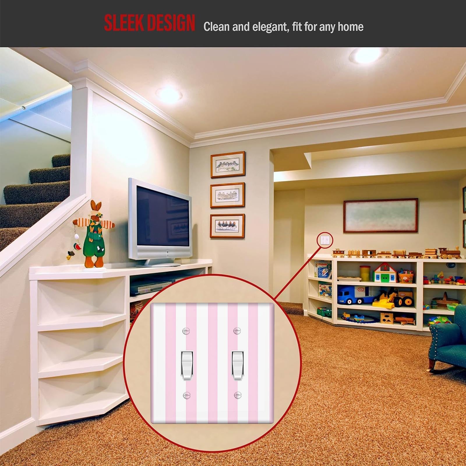 Pink Striped Light Switch Cover Easy to Install No Batteries Required