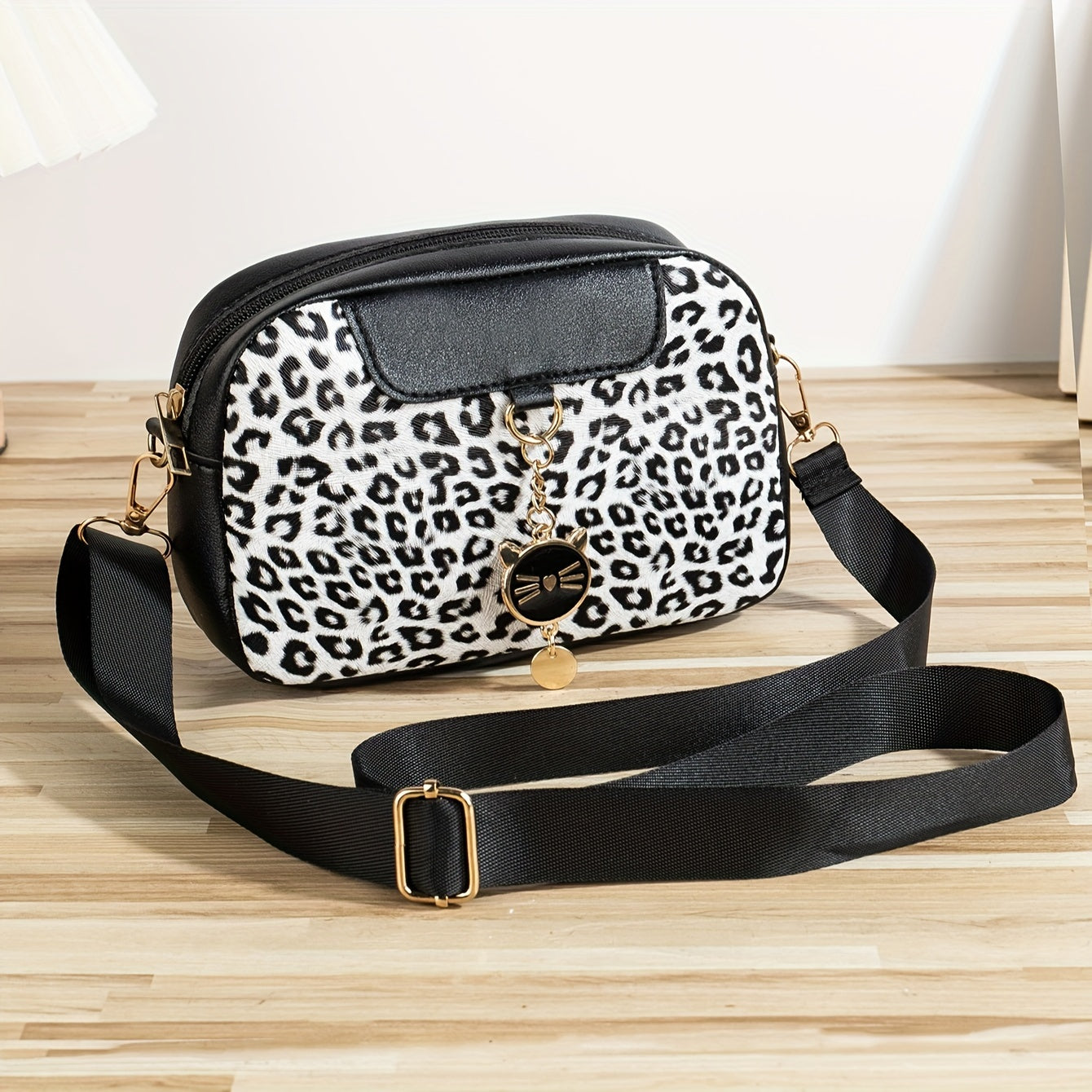 Leopard Print Crossbody Bag for Women with Adjustable Strap Cat Charm Zipper Closure