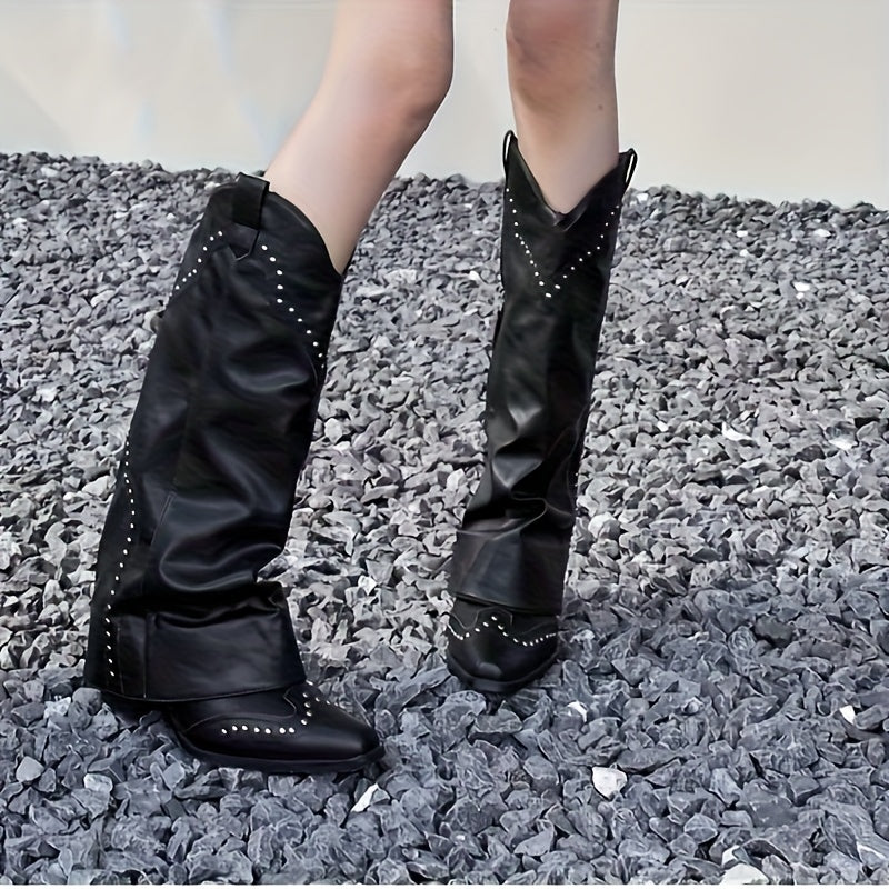 Women's Faux Leather Western Cowboy Boots Over-the-Knee Square Toe Chunky Heel