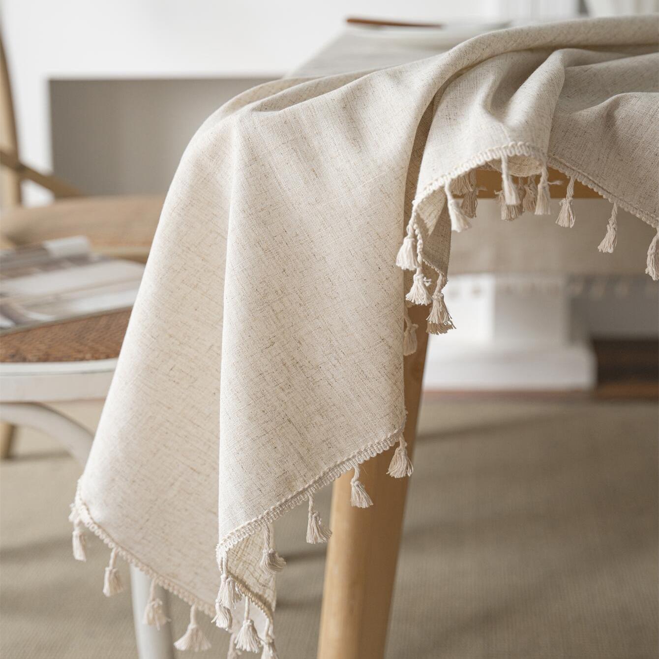 Beige Linen Farmhouse-Style Tablecloth with Fringed Edges for Holidays and Events