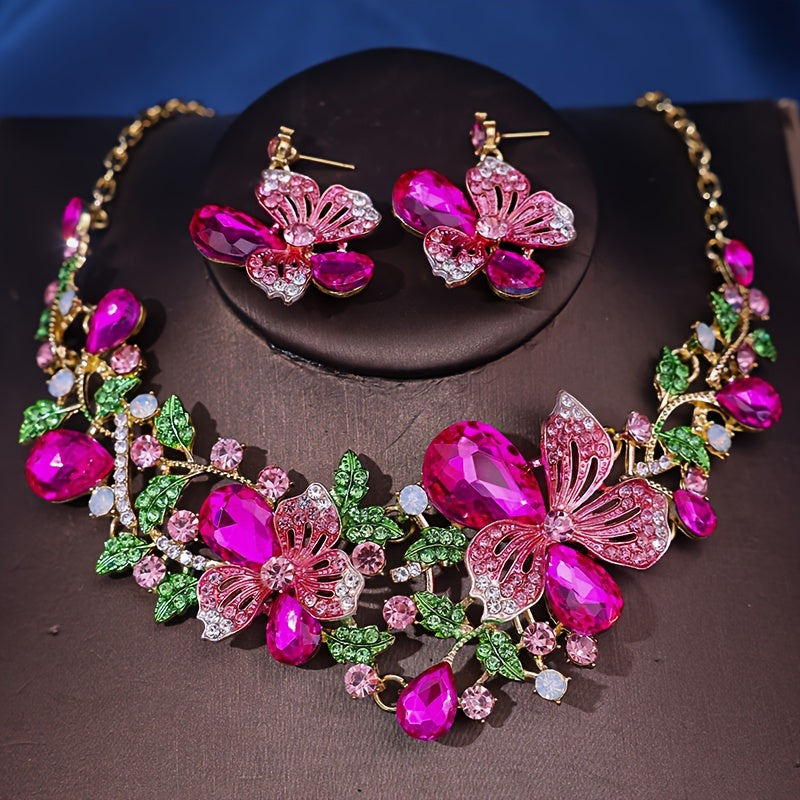 Romantic Flower Shaped Rhinestone Necklace and Earrings Set for Formal Dress