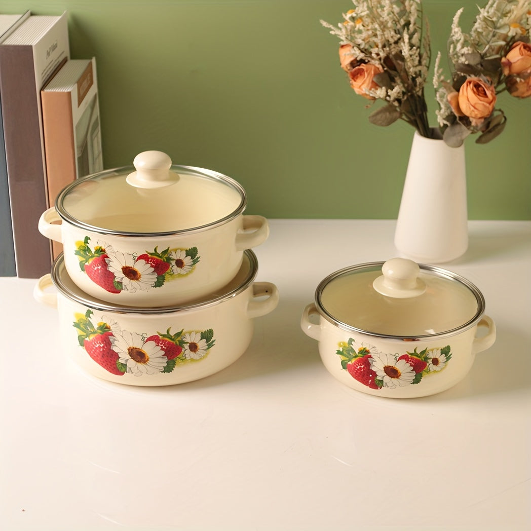 Three-Piece Enamel Cookware Set Pot Boiling Pot Soup Pot for Home Kitchen Restaurant Outdoor Cooking