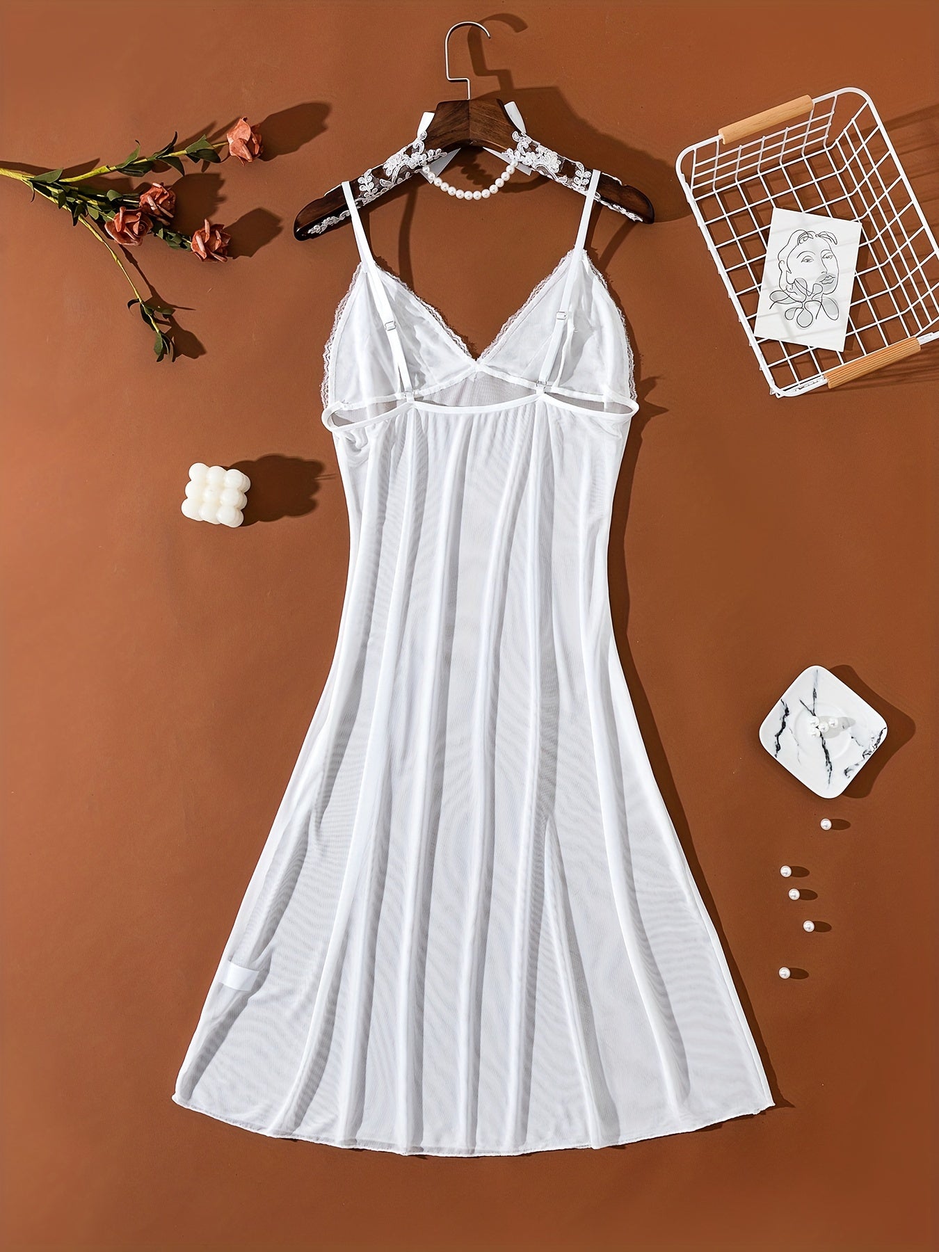 Women's Sheer Panel Spaghetti Dress with Bow Light Beige Elegant