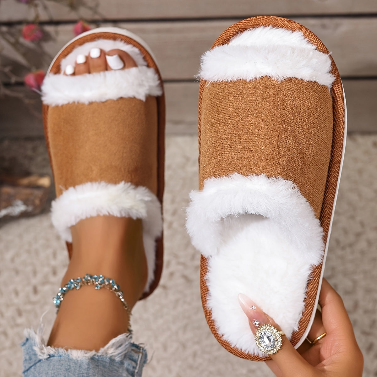Women's Plush Lined Slippers with Fluffy Edges Non-Slip for Home and Travel