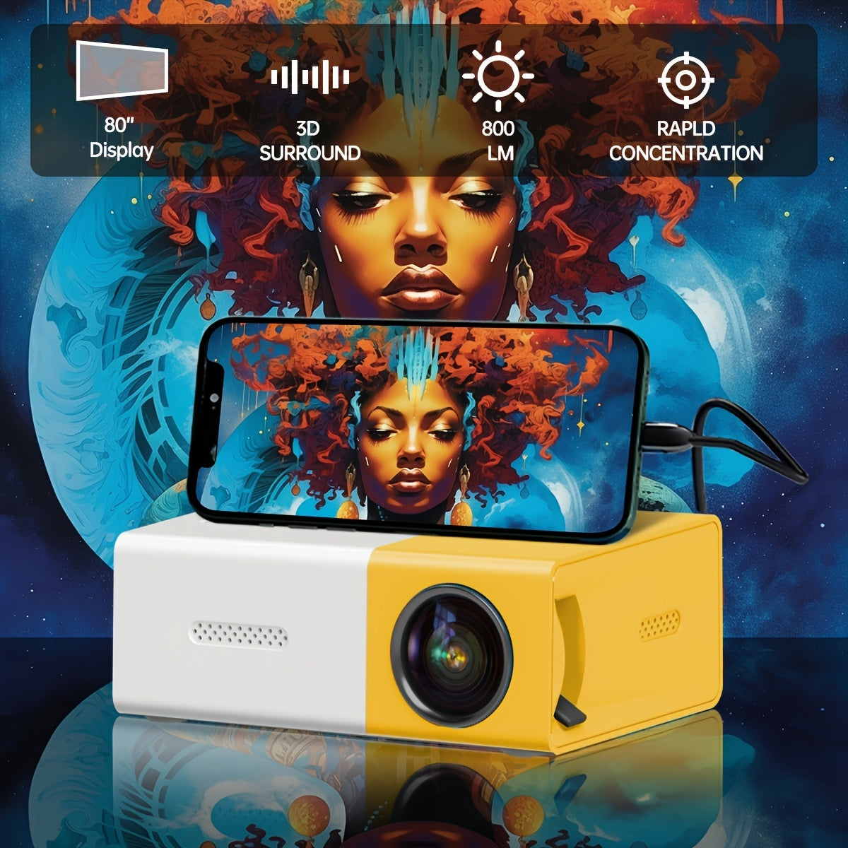 Portable Mini Projector for Indoor Movies TV Gaming with USB AV HDMI