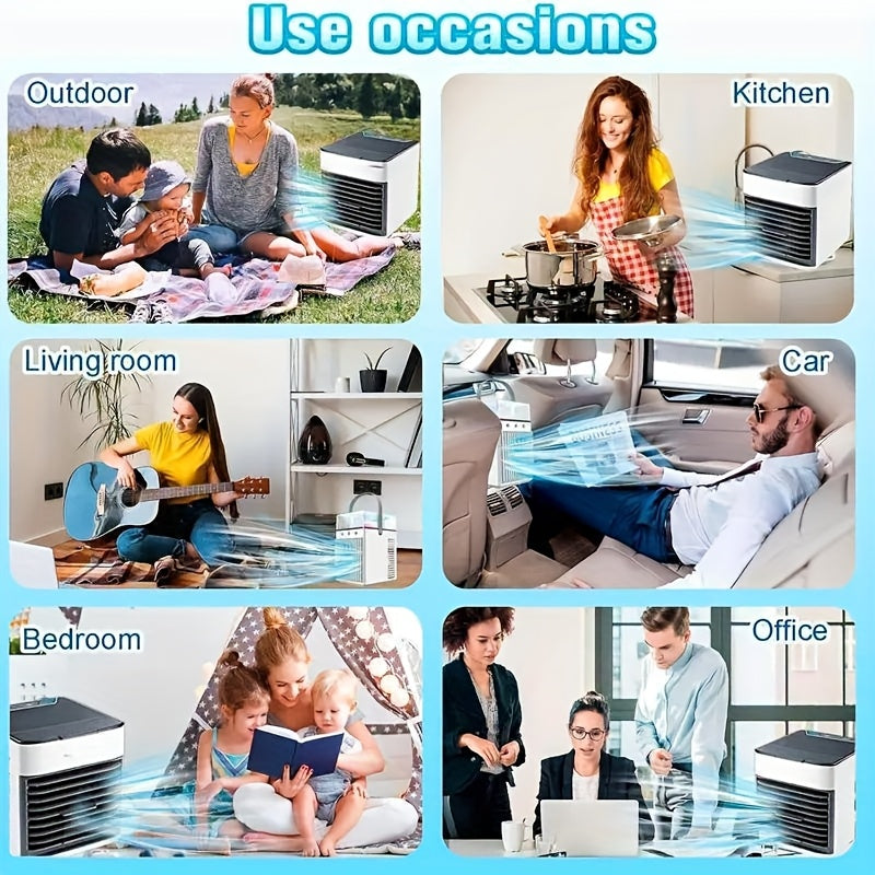 USB ulanishi bilan portativ havo konditsioneri ventilyatori, tozalovchi va namlantiruvchi, 7 rang, 3 tezlik, tez sovutish, shaxsiy foydalanish, ofis yoki uy uchun kompakt dizayn.