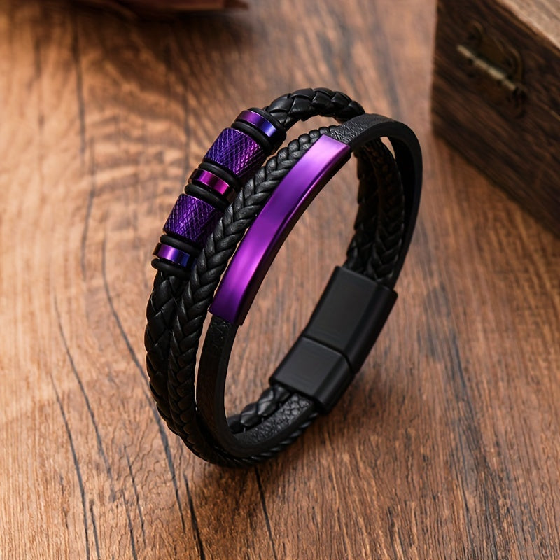 Men's Black Leather Bracelet Stainless Steel Magnetic Closure Punk Style Accessories