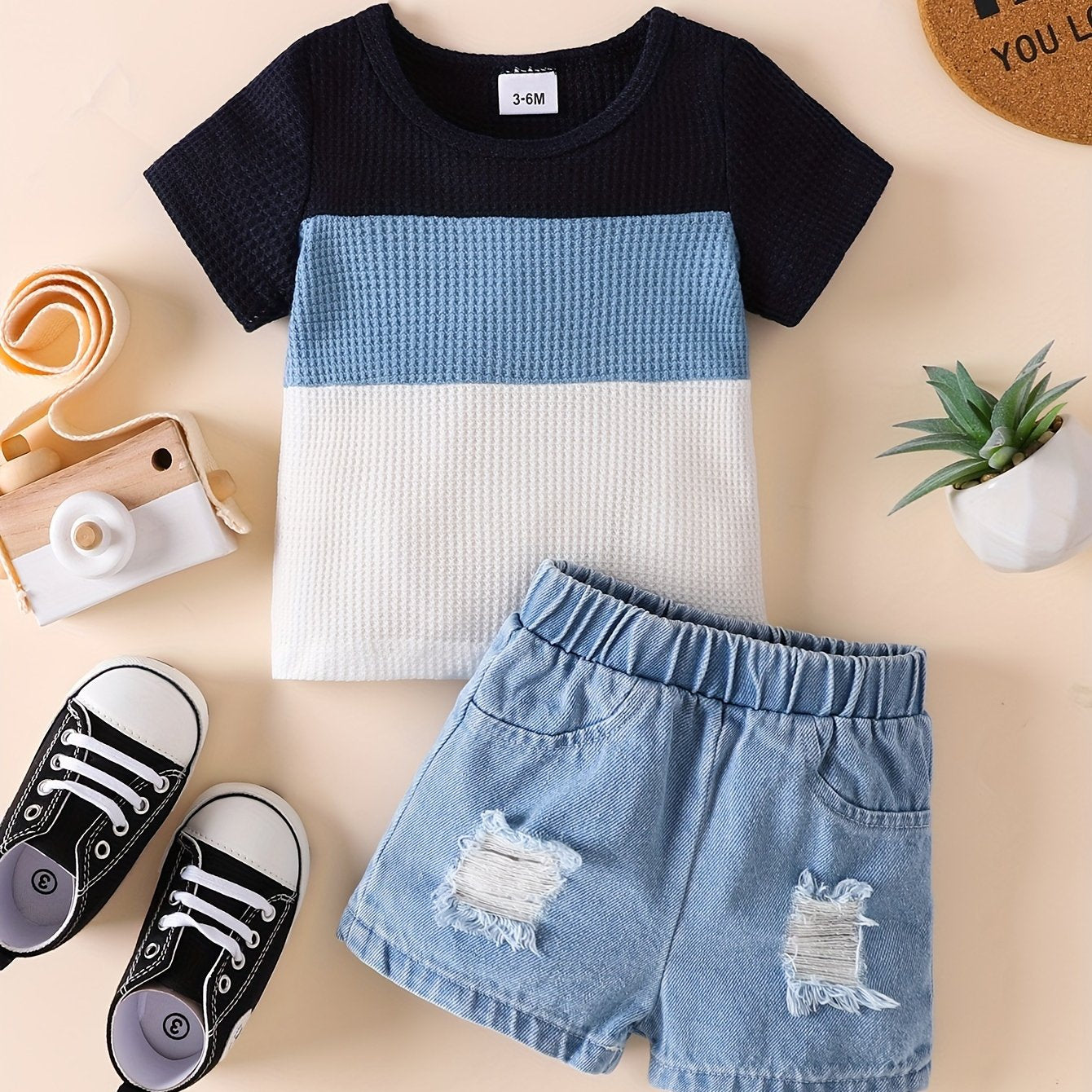 Kichkina qizlar uchun yozgi kundalik kiyimlar uchun Baby Waffle Top va Denim Shorts to'plami