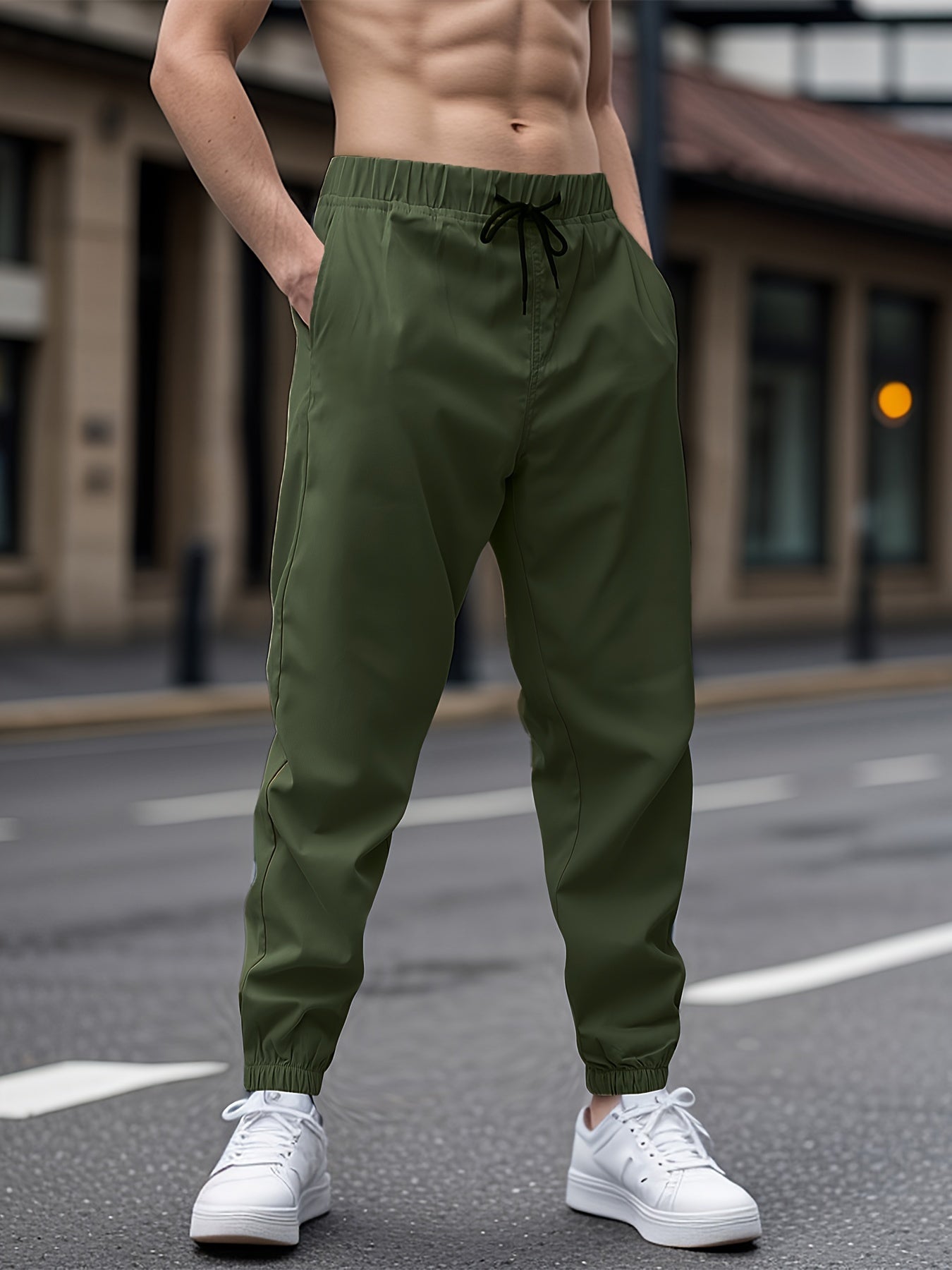 Men's Casual Woven Polyester Drawstring Pants Solid Color Regular Fit All-Season