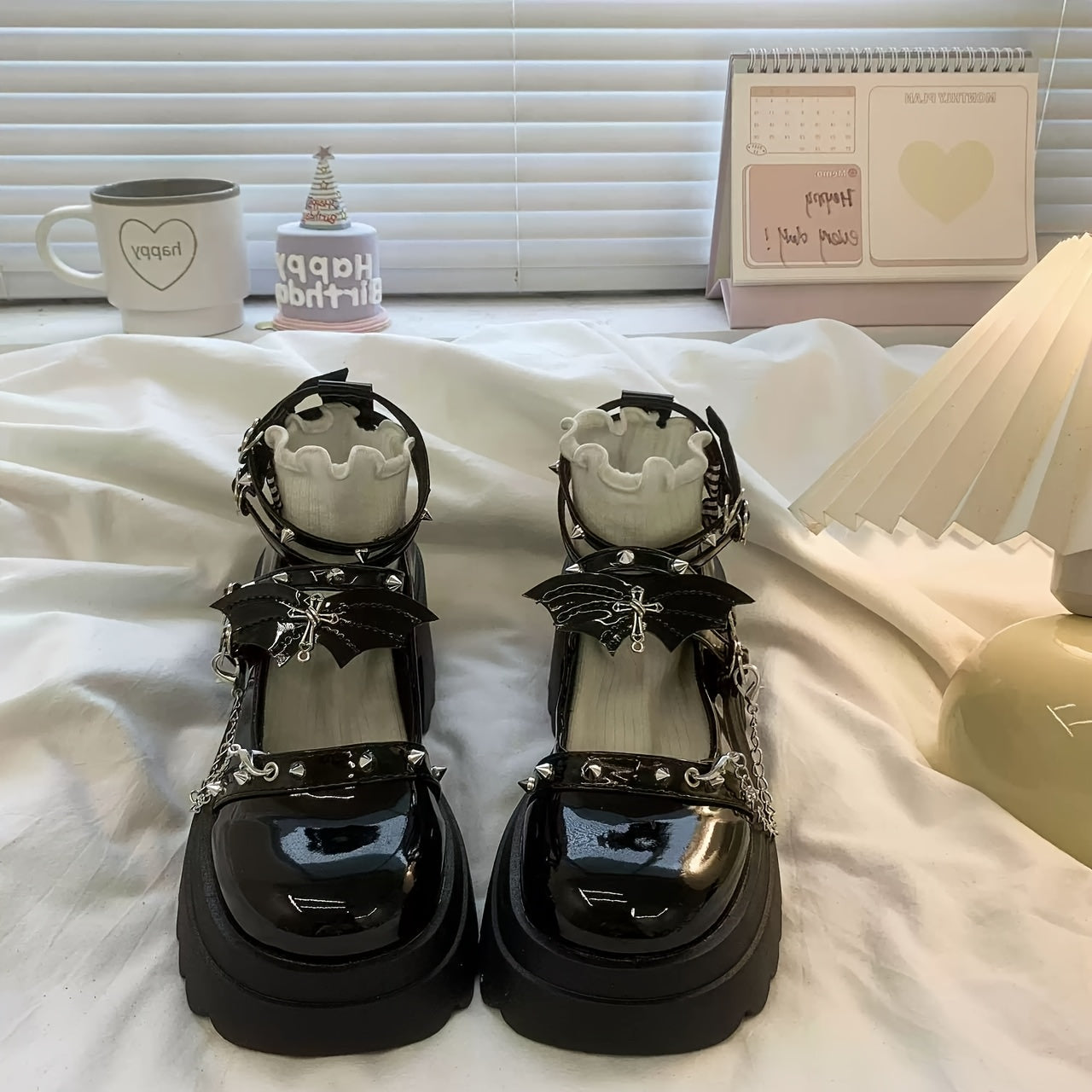 Women Synthetic Punk-Inspired Platform Mary Jane Loafers Black Chain Accents