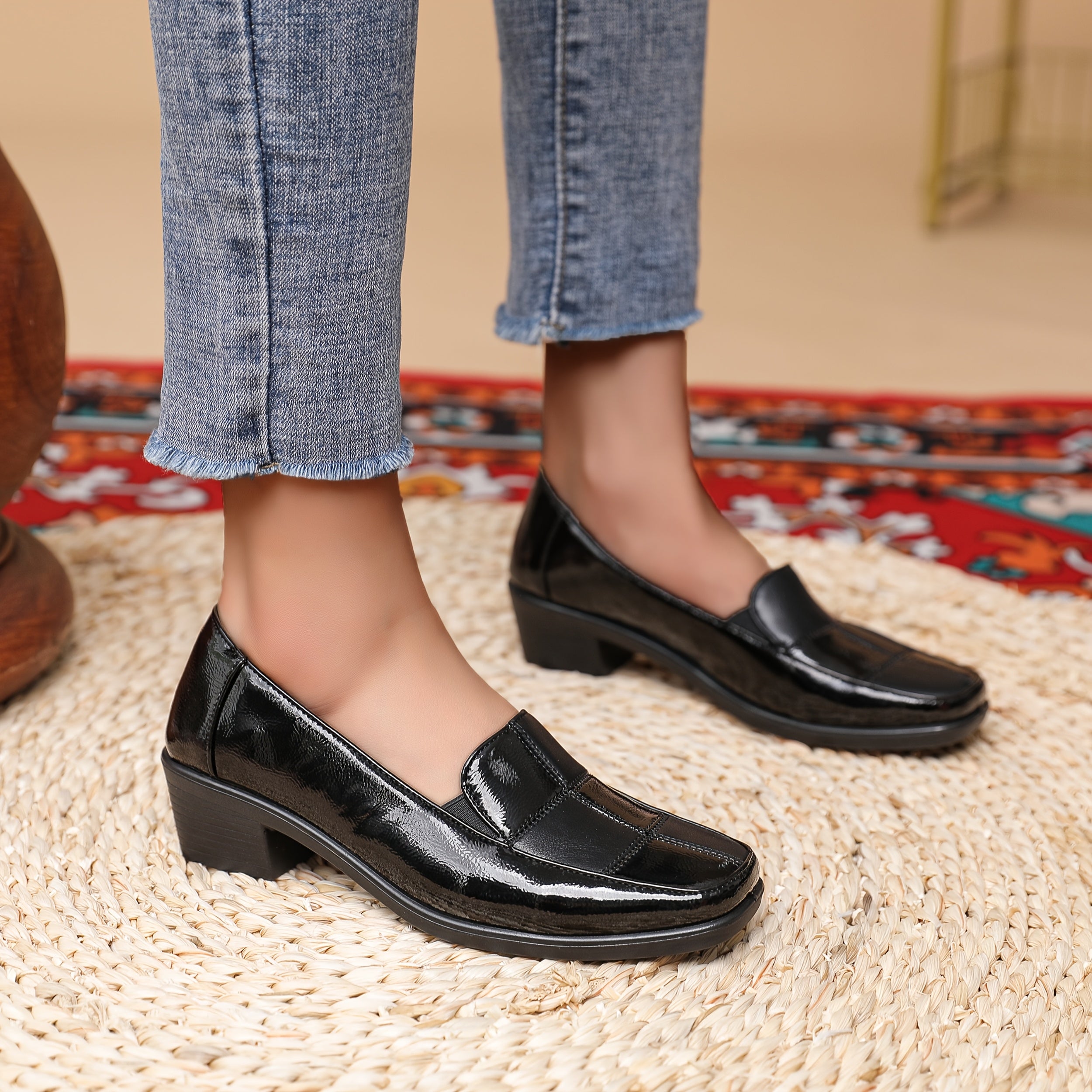 Women's Black Chunky Heel Square Toe Slip-On Shoes