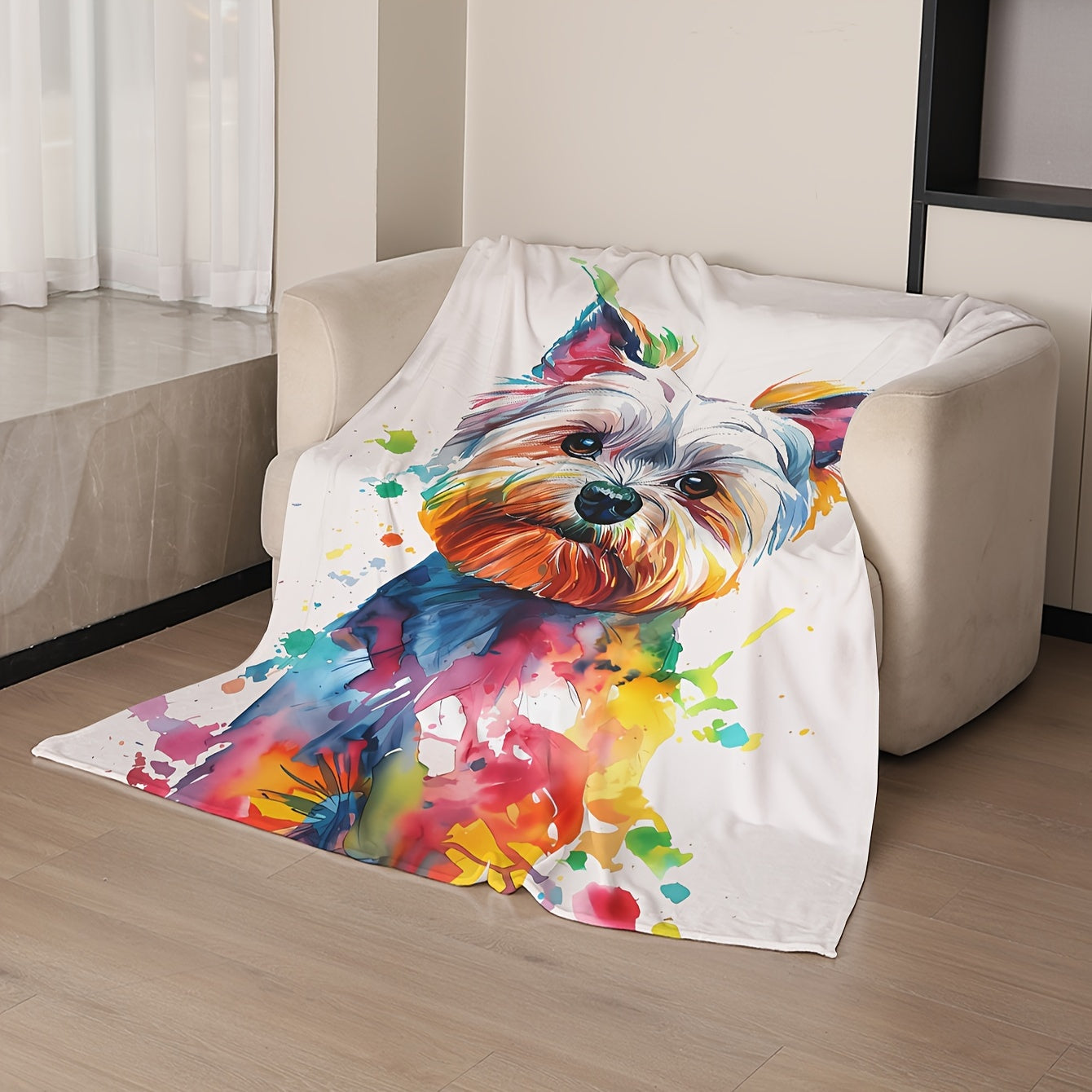 Coral Fleece Throw Blanket with Dog Print Digital Polyester Knitted Home Decor