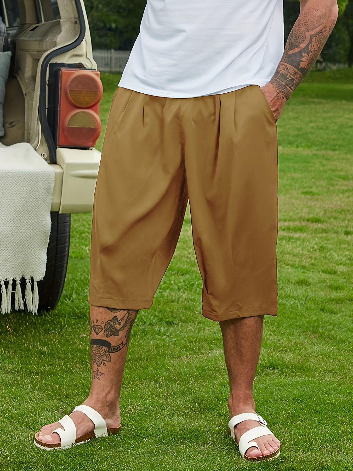 Plus Size Men's Breathable Solid Capri Pants Casual Summer Loose Fit