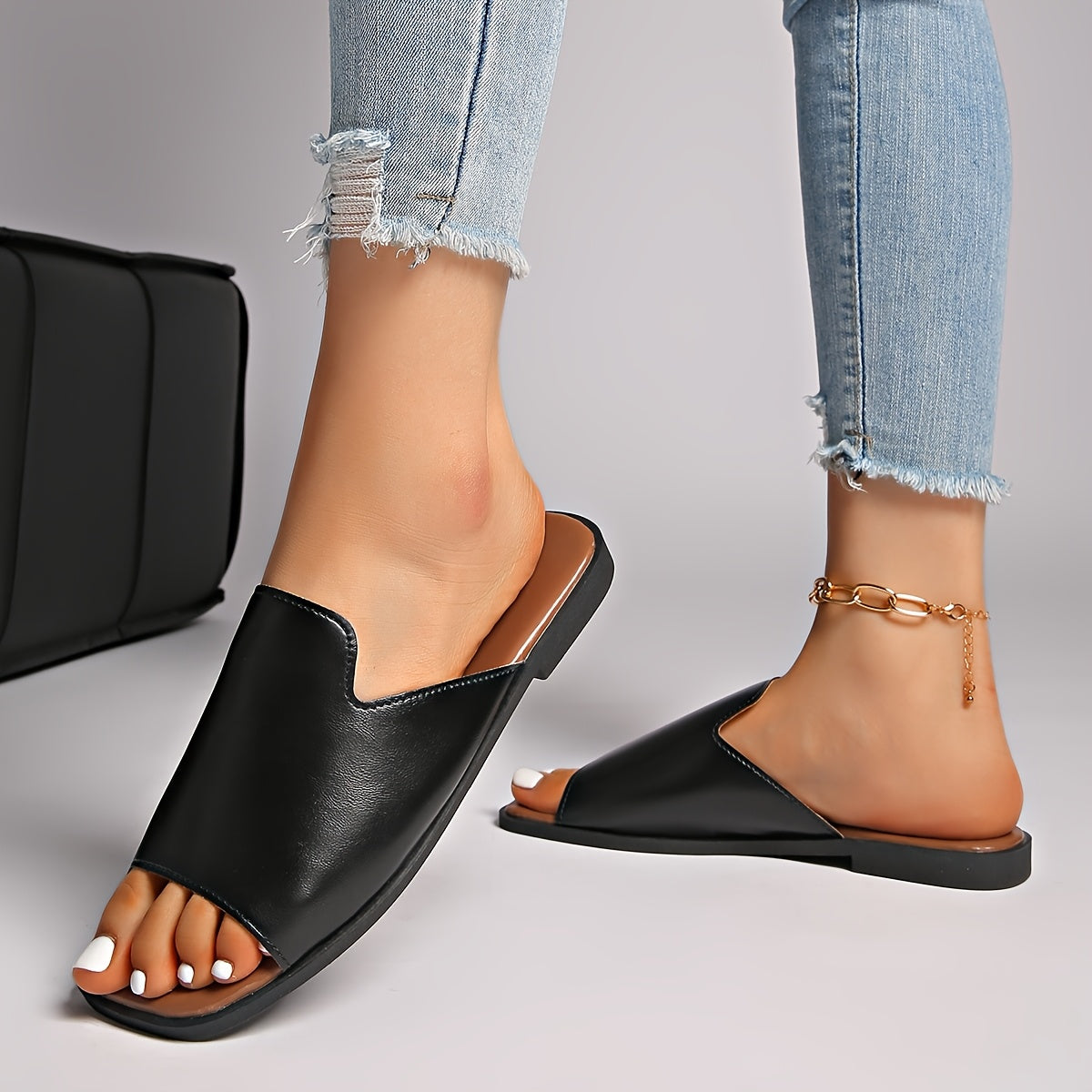 Women's Summer Flat Sandals Black Faux Cover Tan Sole Slip-On Arch Support