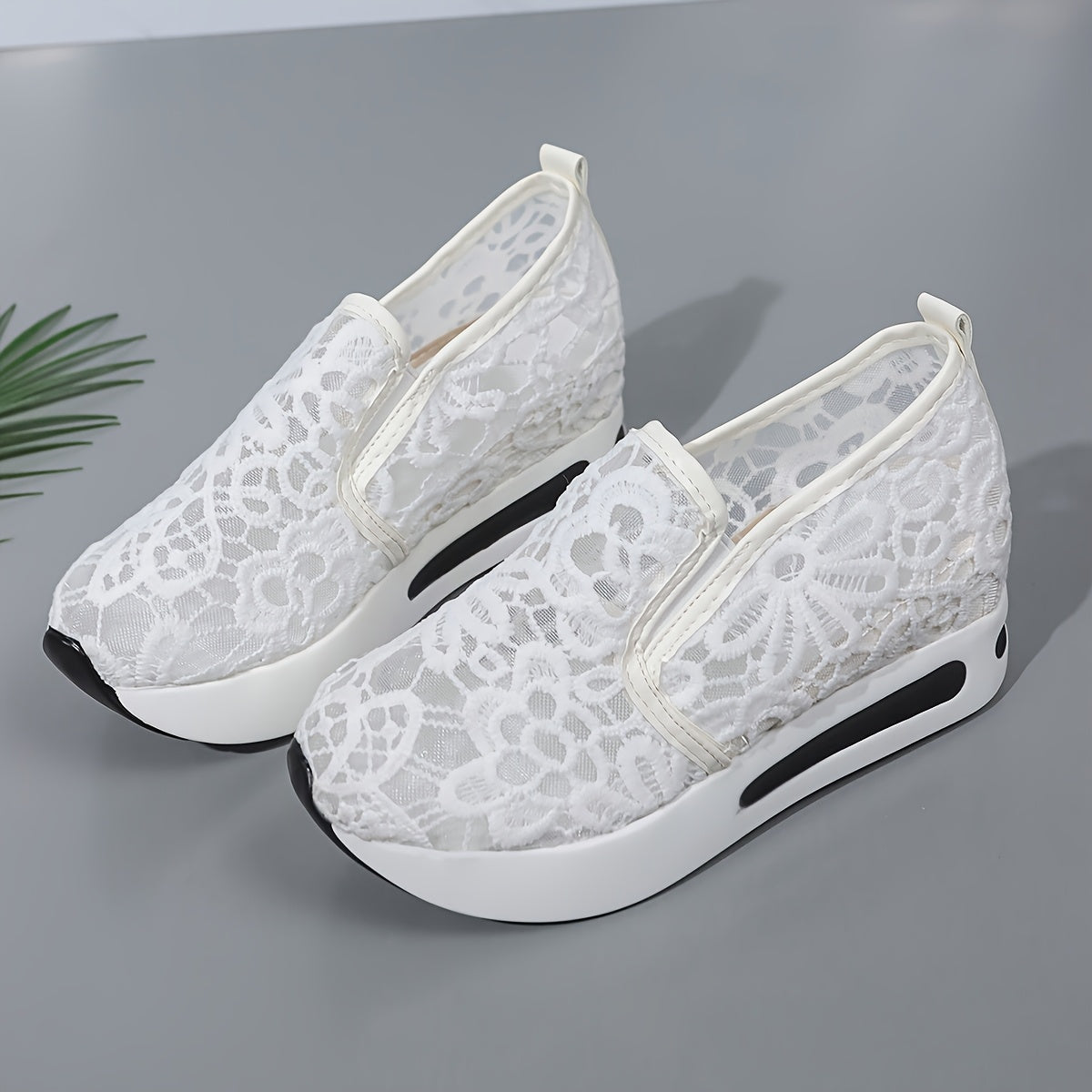 Women's Breathable Mesh Slip-On Sneakers with Height Increase in White