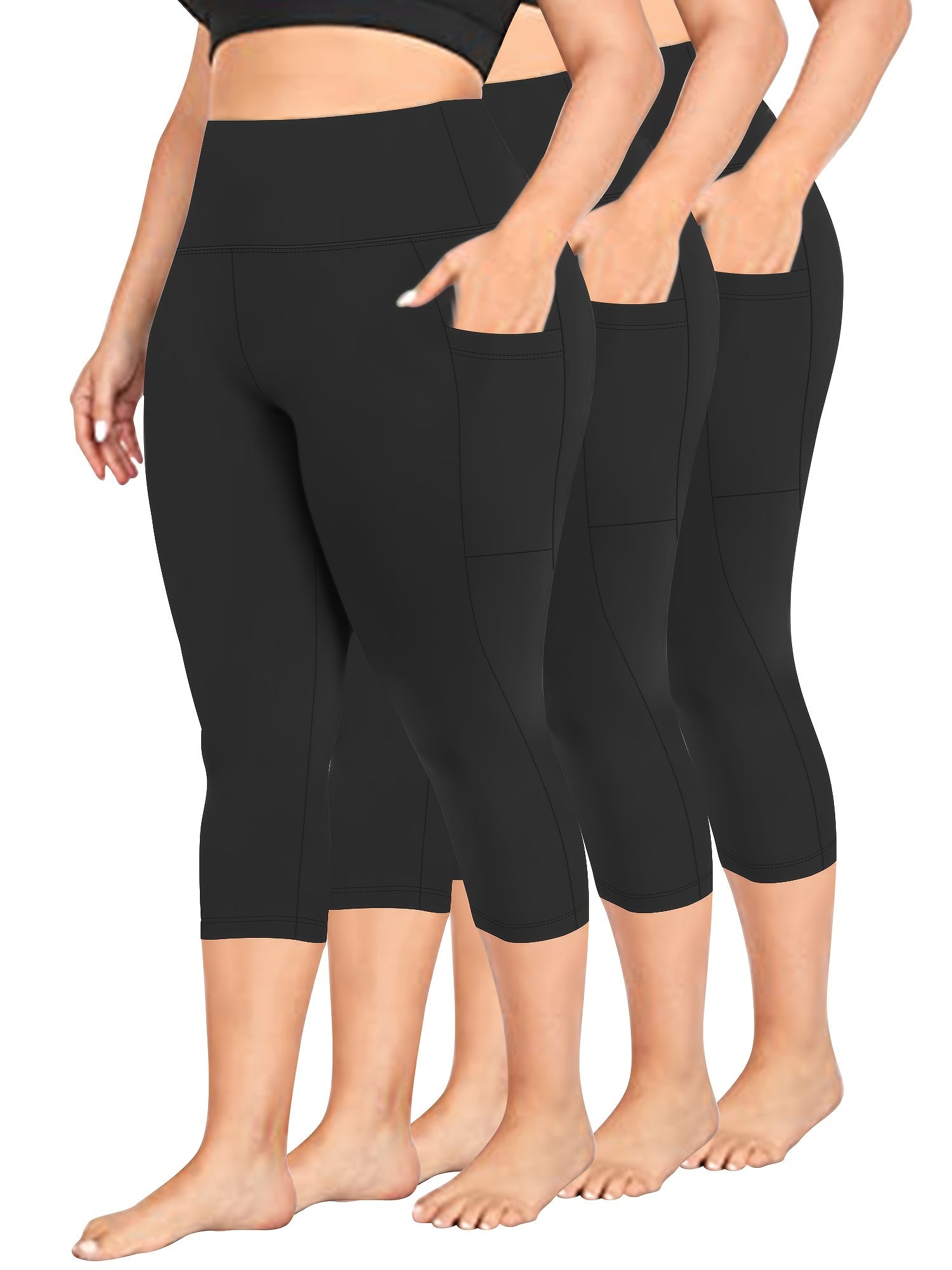 Women's Plus Size High-Waisted Yoga Pants with Pockets Solid Color 3-Pack