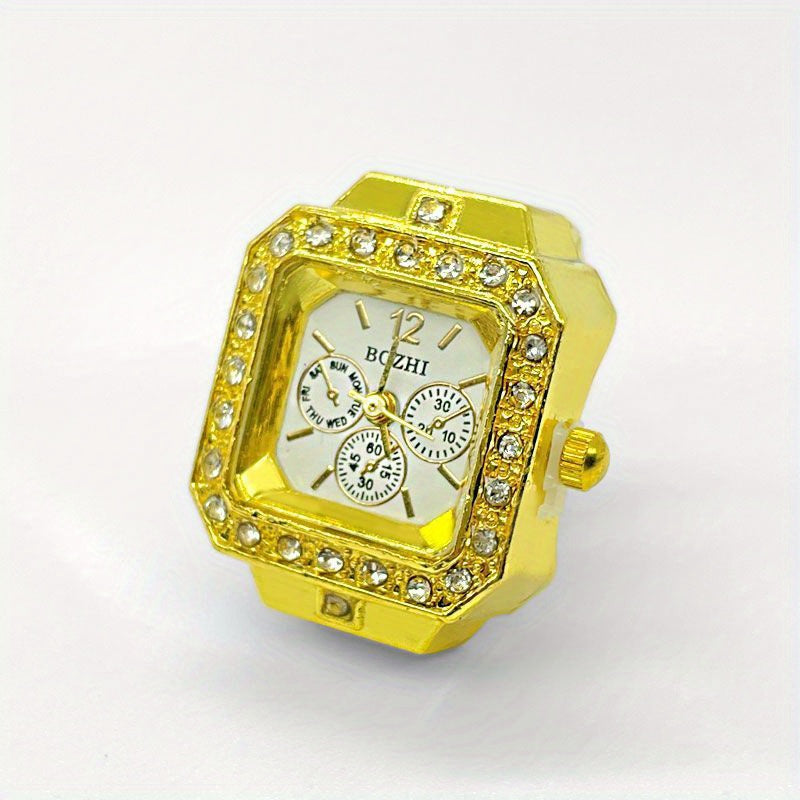 Square Quartz Finger Ring Watch for Women with Rhinestone Sparkle Jewelry
