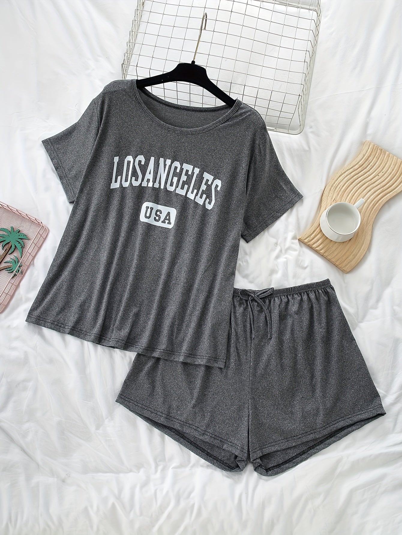 Women's Plus Size Casual Pajama Sets Short Sleeve Top and Shorts 6-Piece Letter Plaid Print