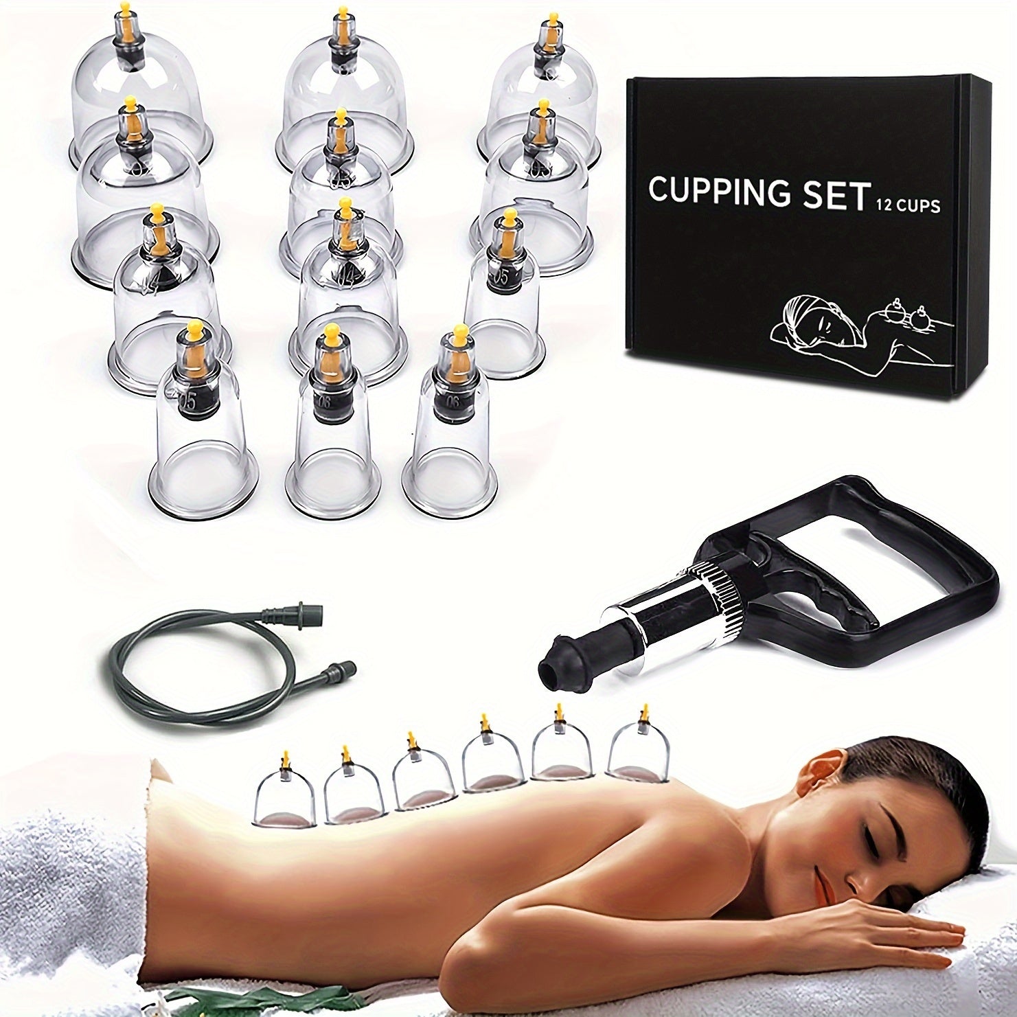 12-Piece Cupping Set with Pump and Extension Tube for Massage and Hijama Therapy