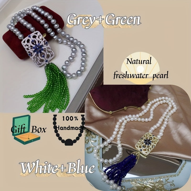 Vintage-Style Freshwater Pearl Necklace with Czech Crystal Tassels for Women